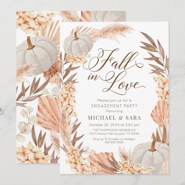 Invitación Boho Pampas Pumpkin White Fall Engageme Invitation (Front/Back)