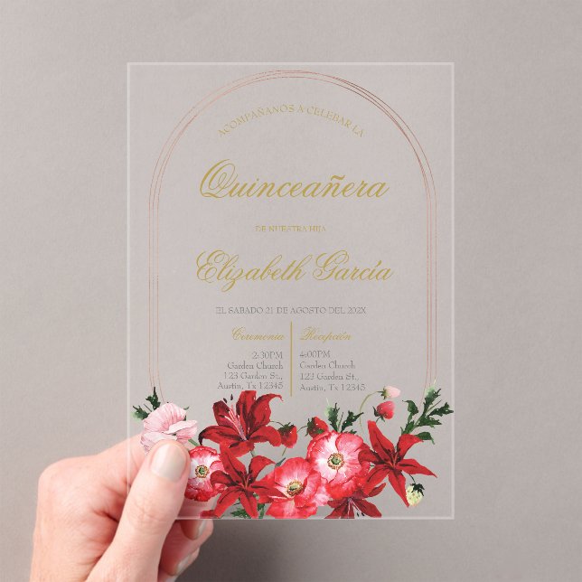 Invitación con flor roja para quinceañera acrylic invitations (Insitu (Handheld))