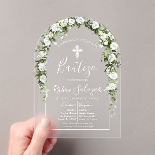 Invitación de bautismo acrílica con flores blancas acrylic invitations