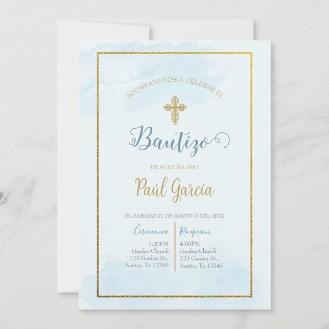 Invitación de bautismo colour azul en español invitation (Front)