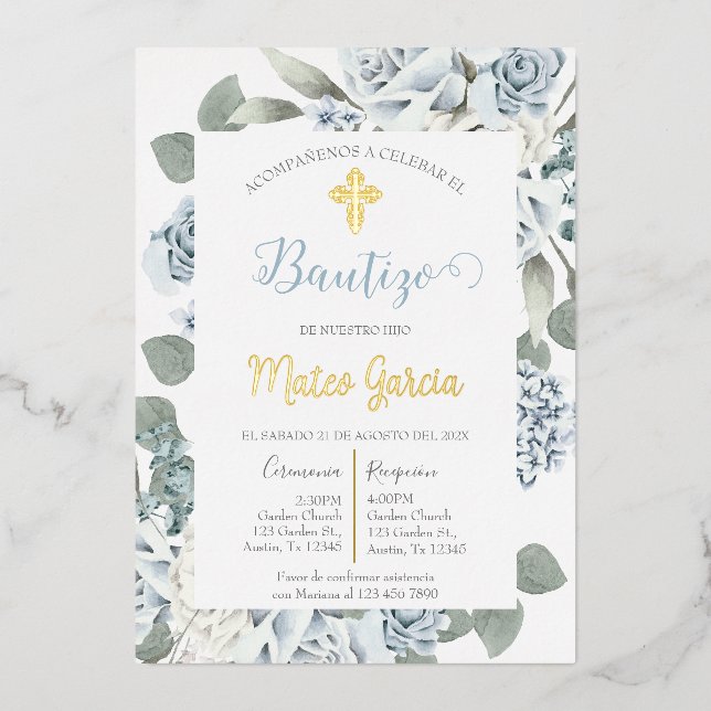 Invitación de bautismo floral azul en español (Front)