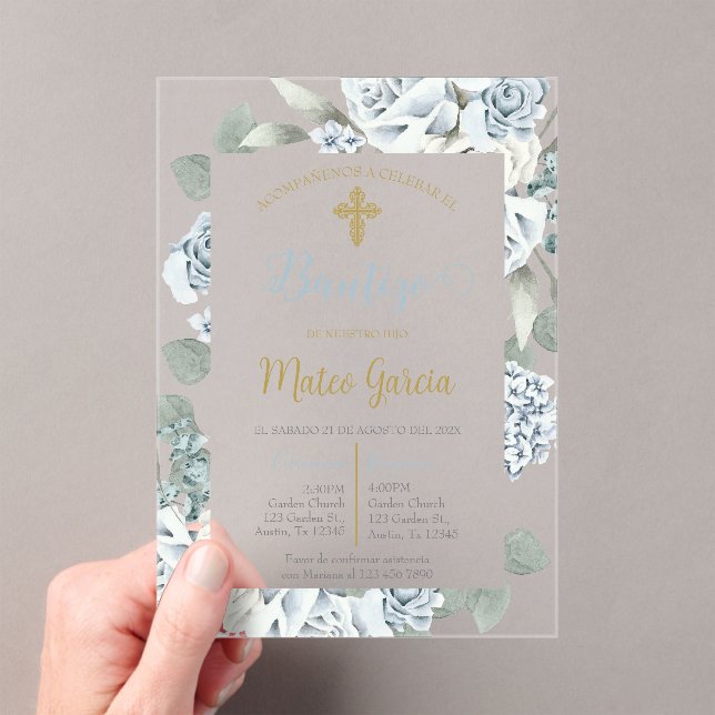 Invitación de bautismo floral azul en español acrylic invitations (Insitu (Handheld))