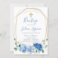 Invitación de bautismo floral azul en español