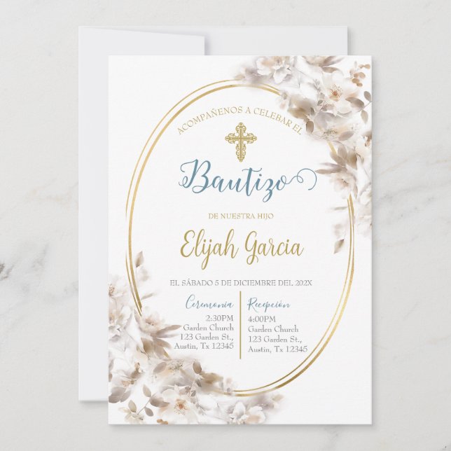Invitación de bautismo floral blanca en español invitation (Front)