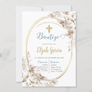 Invitación de bautismo floral blanca en español invitation