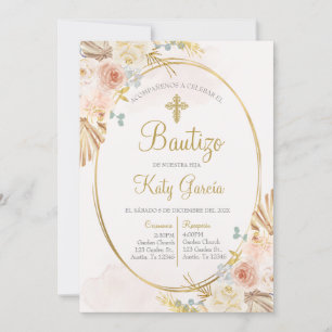 Invitación de bautismo floral boho en español invitation