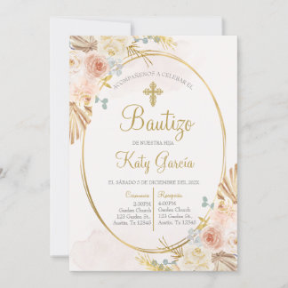 Invitación de bautismo floral boho en español invitation