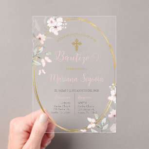 Invitación de bautismo floral rosa en español acrylic invitations