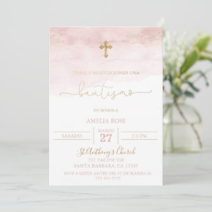 Invitación de bautismo rosa y dorada para niña invitation