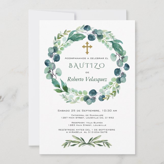 Invitacion De Bautizo Eucalyptus Spanish Invite (Front)