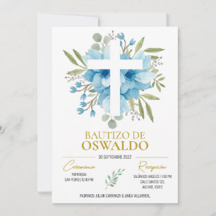 Invitación de bautizo flores azul y verde invitation