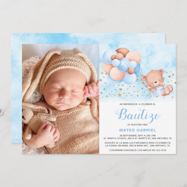 Invitación de Bautizo para Niño con Foto Baptism Invitation (Front/Back)