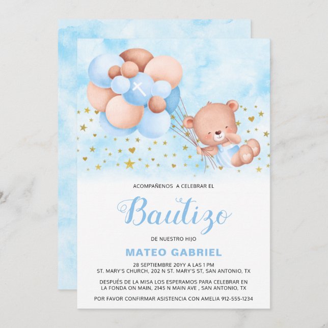Invitación de Bautizo para Niño con Oso Baptism Invitation (Front/Back)