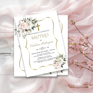 Invitacion De Bautizo White Flores Gold Baptism Invitation