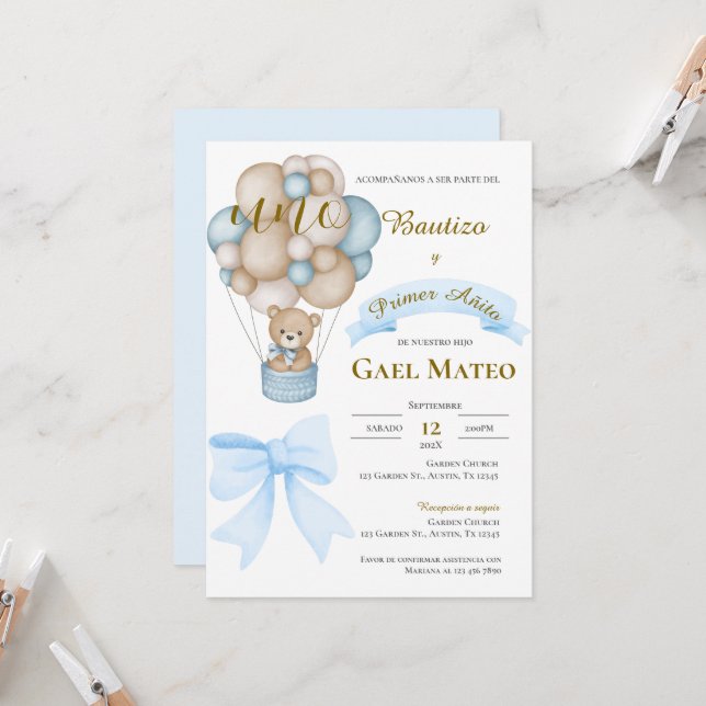 Invitación de Bautizo y primer año en español Invitation (Front/Back In Situ)