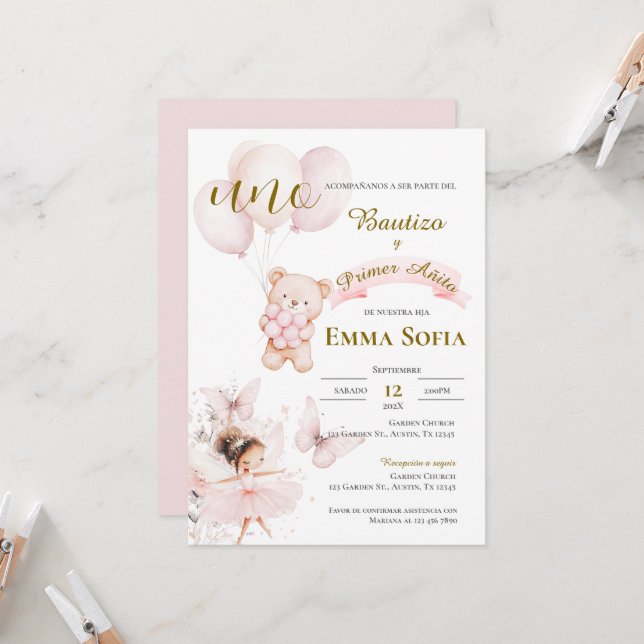 Invitación de Bautizo y primer año en español Invitation (Front/Back In Situ)