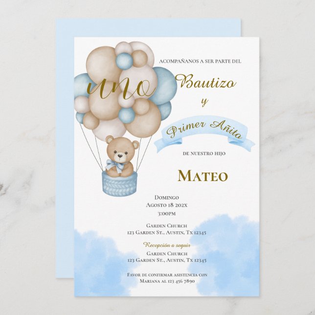 Invitación de Bautizo y primer año en español Invitation (Front/Back)