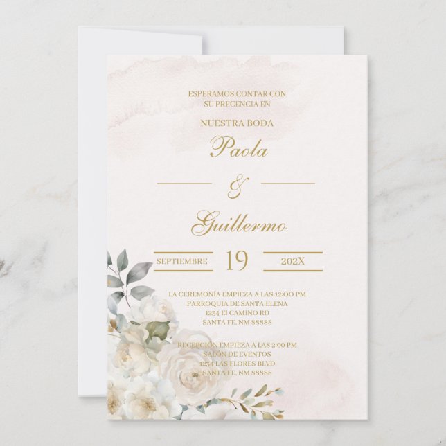 Invitación de boda beige con flor blanca  invitation (Front)