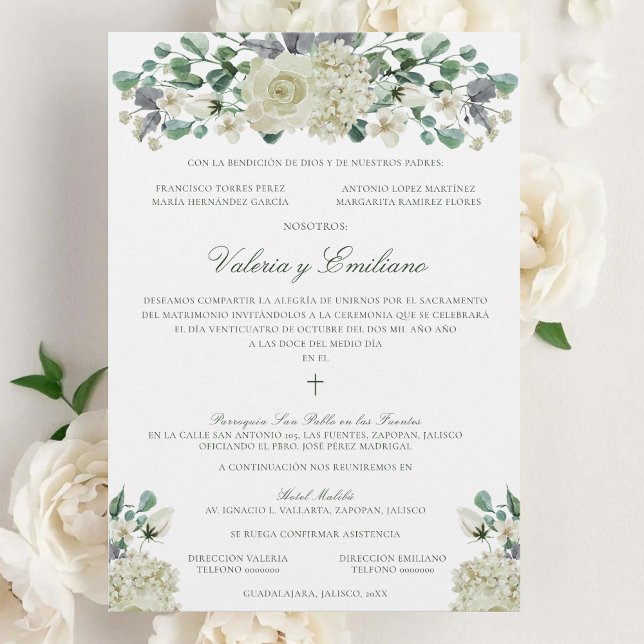 Invitación de Boda Catolica Formal Wedding Invitation (Elegant, white flower Catholic wedding invitation in Spanish, done in traditional style)