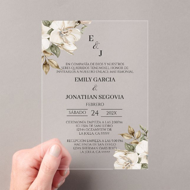 invitación de boda con flores blancas  acrylic invitations (Insitu (Handheld))
