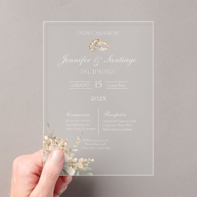 Invitación de boda con ramo y anillo acrylic invitations (Insitu (Handheld))