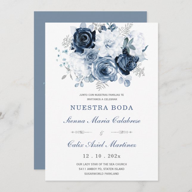 Invitación De Boda Elegante Con Rosas Azules Invitation (Front/Back)
