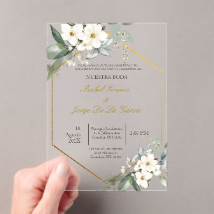 Invitacion de boda en espanol con flor blanca acrylic invitations