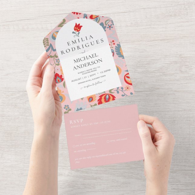 Invitación de Boda Español Inglés Rsvp FOLKART  All In One Invitation (Tearaway)