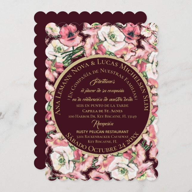 Invitación de Matrimonio Floral Rosa-Rubor Borgoña Invitation (Front/Back)