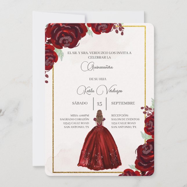 Invitación de quinceañera con vestido rojo invitation (Front)