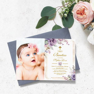 Invitación de Rosas Moradas para Bautizo Invitation