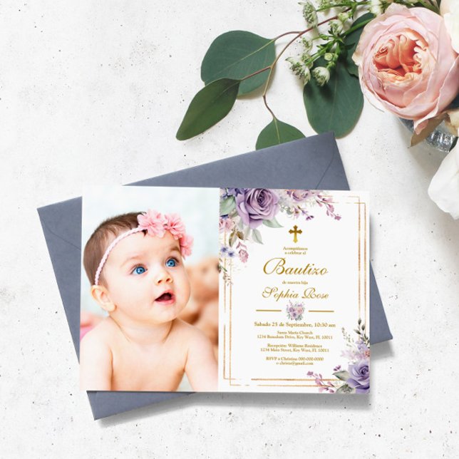 Invitación de Rosas Moradas para Bautizo Invitation (Creator Uploaded)