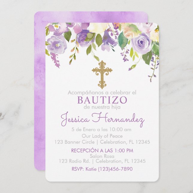 Invitación de Rosas para Bautizo de niña Invitation (Front/Back)