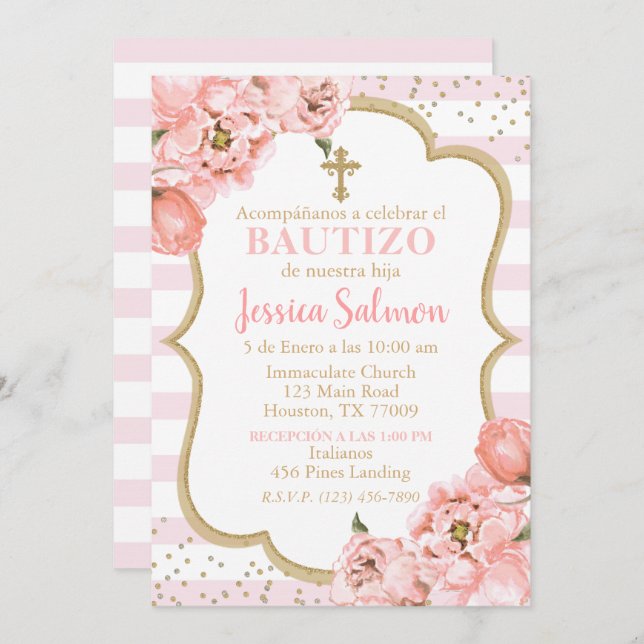 Invitación de Rosas para Bautizo de niña Invitation (Front/Back)