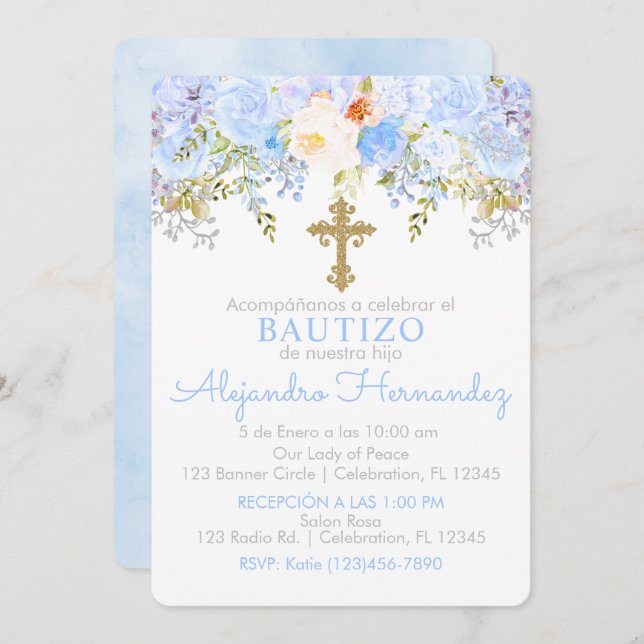 Invitación de Rosas para Bautizo de niño Invitation (Front/Back)