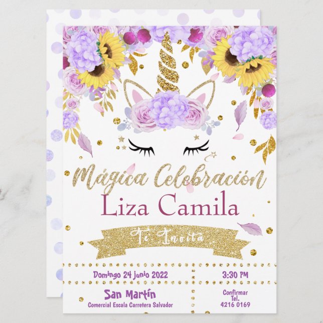 Invitación Lindo unicornio con flor lila y rosa Invitation (Front/Back)