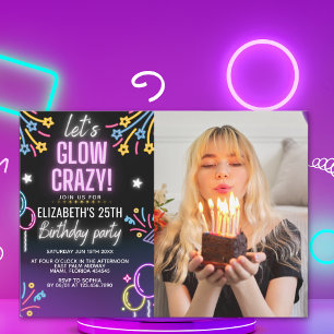 Invitación Neon Glow - Birthday Party with Photo Invitation
