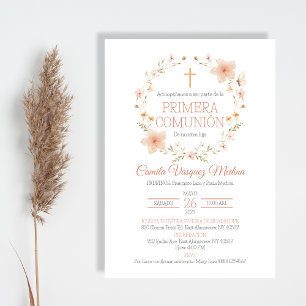 Invitacion Pink Flowers Elegant First Communion Invitation
