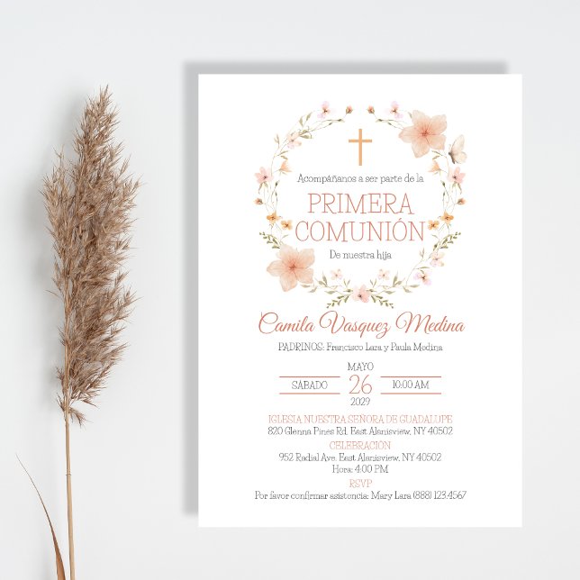 Invitacion Pink Flowers Elegant First Communion Invitation (Creator Uploaded)