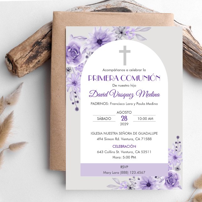 Invitacion Primera Comunion Cute Purple Flowers Invitation (Creator Uploaded)