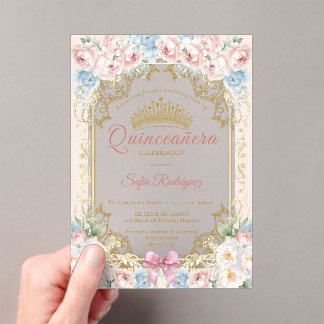 Invitación quinceañera floral con corona elegante acrylic invitations