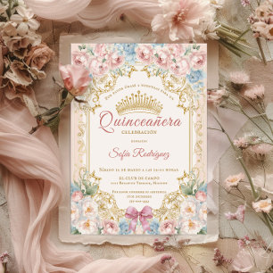 Invitación quinceañera floral con corona elegante announcement