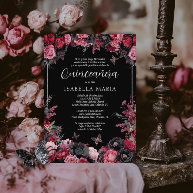 Invitación Quinceañera floral gótica rosada, roja Invitation (Gothic quinceanera invitation in Spanish with red, pink and black moody florals.)