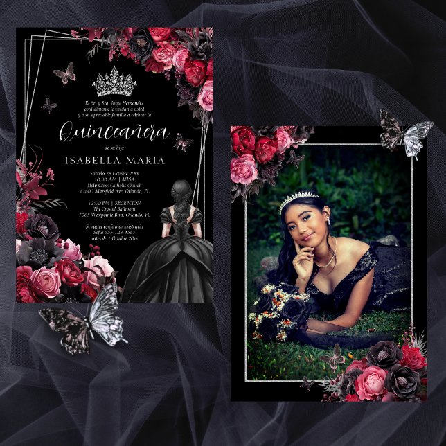 Invitación Quinceañera floral gótica rosada, roja Invitation (Gothic quinceañera invitation with princess dress & tiara in moody pink, red and black florals)