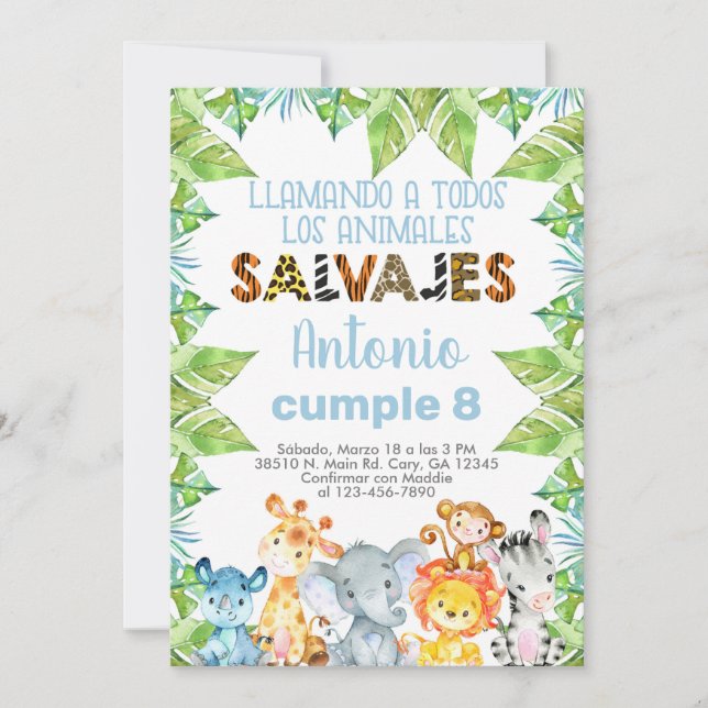 Invitación safari animals, niño, boy, jungle. invitation (Front)
