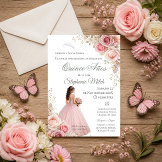 Invitación Spanish Quinceanera pink floral invite