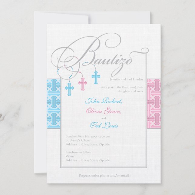 Invitaciones de bautizo  |  Los bebés triplete Invitation (Front)