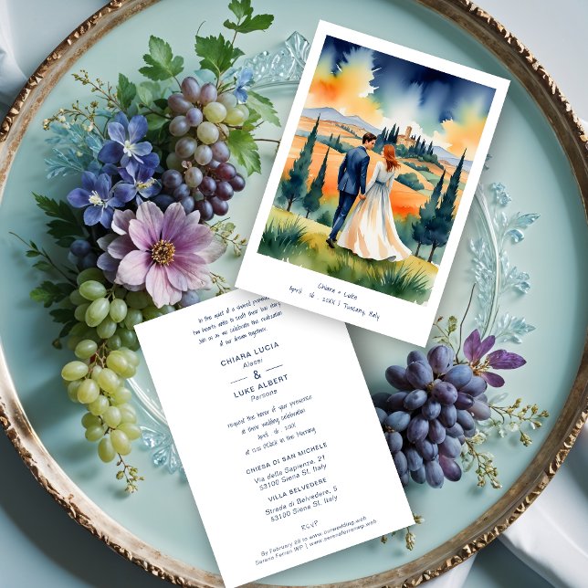 Invitation (Tuscany Italy Colorful Field Landscape Wedding Couple Illustration Invitations Cards.)