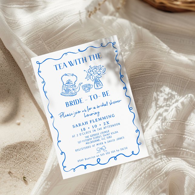 Invitation (Blue Whimsical Tea Bridal Shower Invitation, Tea With The Bride Shower Invite, Hand Drawn, Quirky)