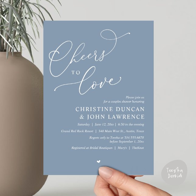 Invitation (Cheers to love, Romantic Couples Shower Modern Party Winery Invitation Card, PDF, Summer Dusty Blue)